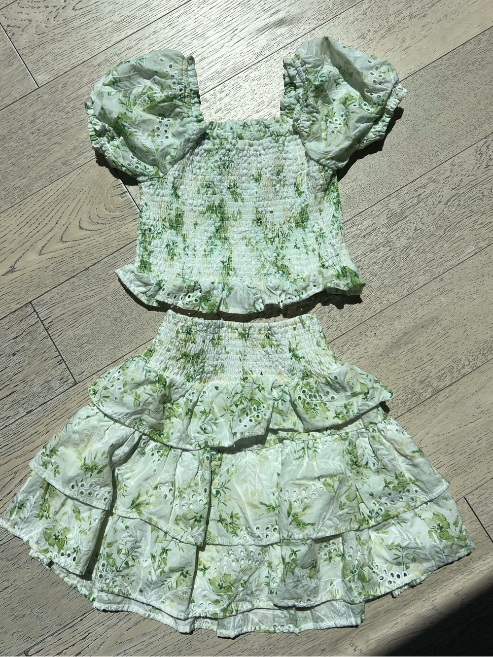 Girls Aqua Light Green Floral Two-Piece Skirt Set